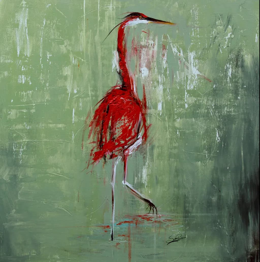 Crimson Elegance: A Striking Red Heron Amidst Serene Greens