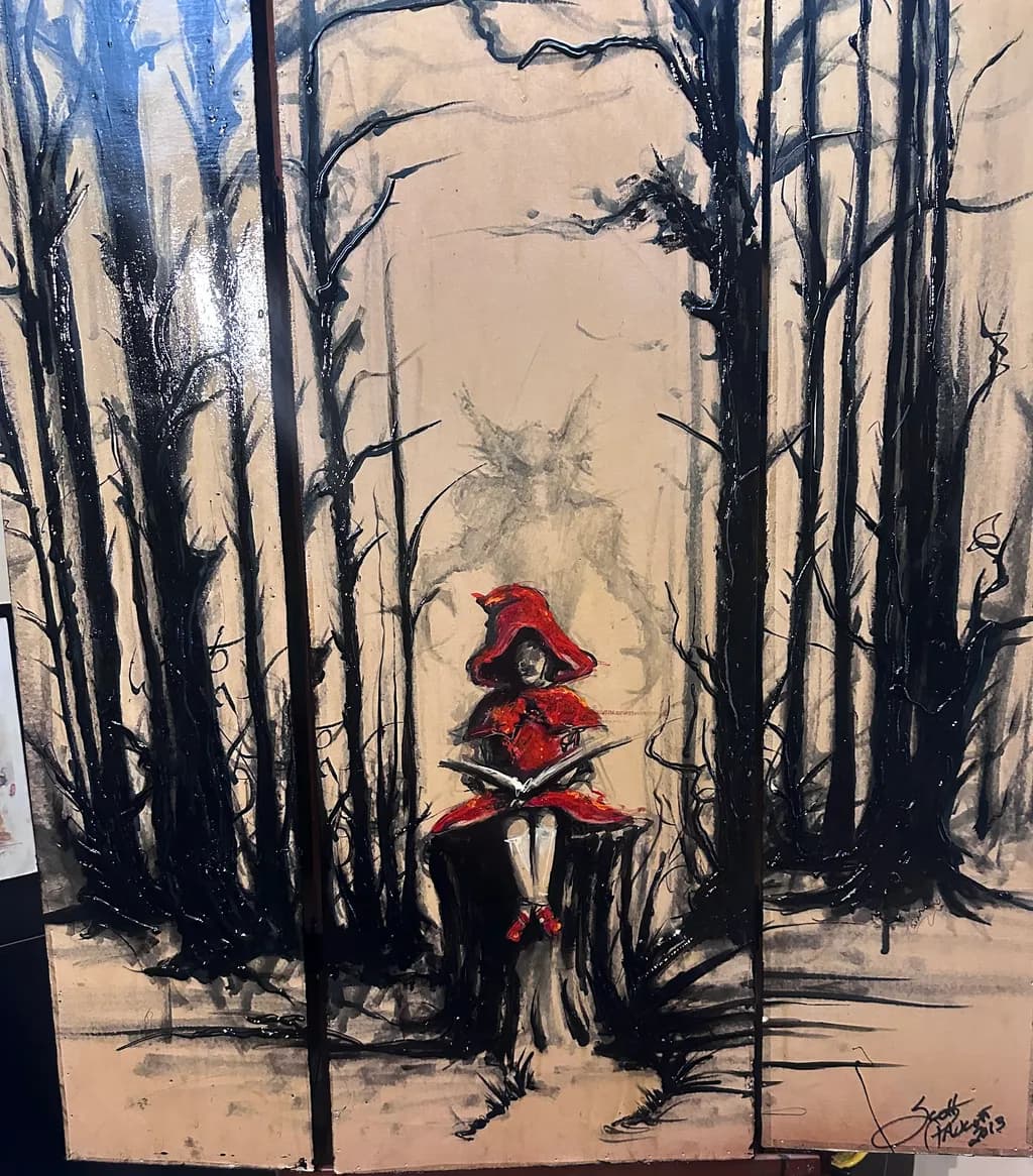 Whispers of the Enchanted Forest: A Girl in Red Reads Among Shadows