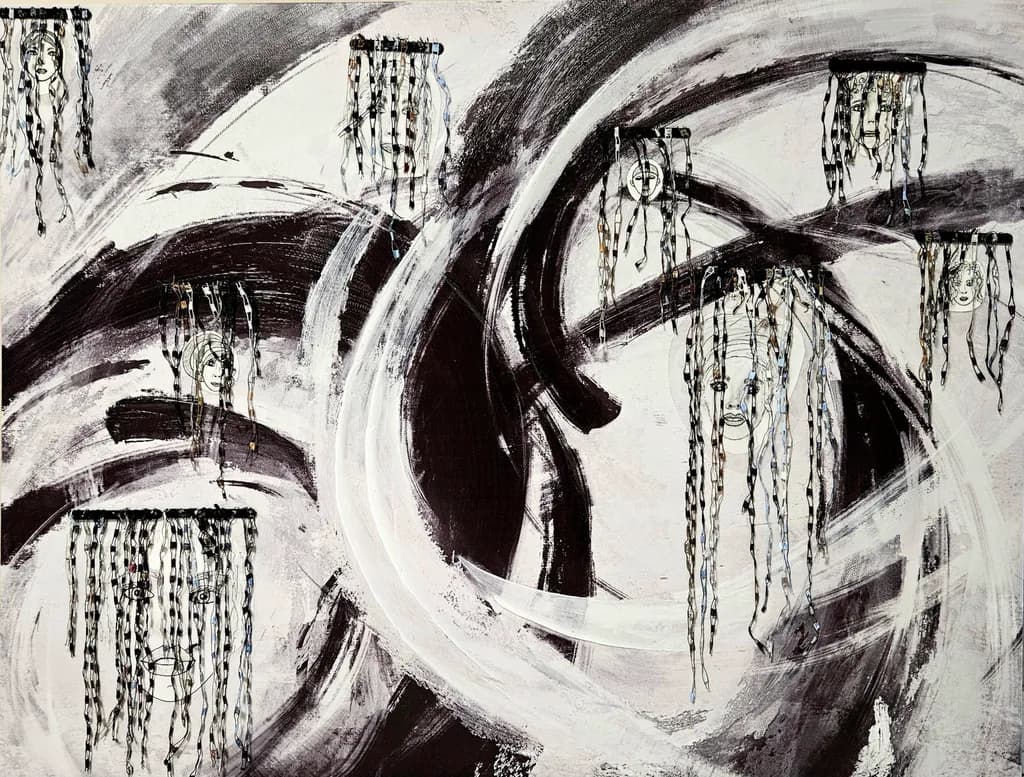 Whispers of the Abyss: A Dance of Faces in Monochrome Swirls