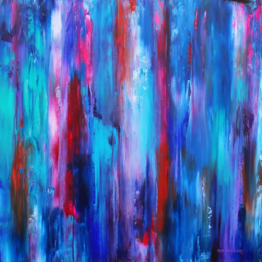 Vibrant Cascade: A Symphony of Blues and Reds in Abstract Expressionism
