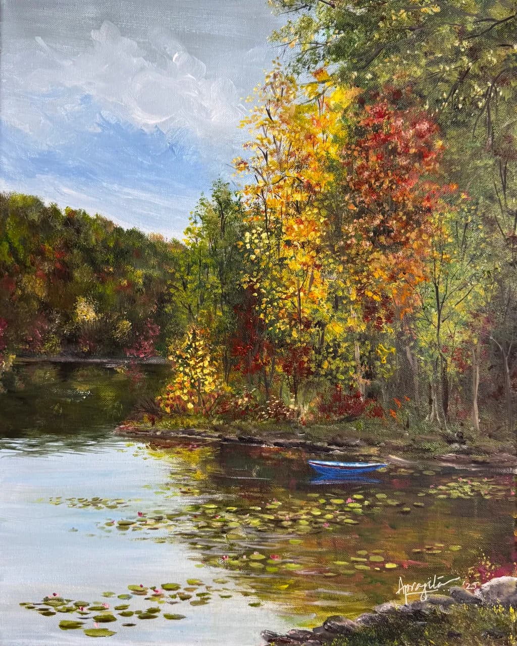 Autumn Reflections- A Blue boat and Falling Leaves