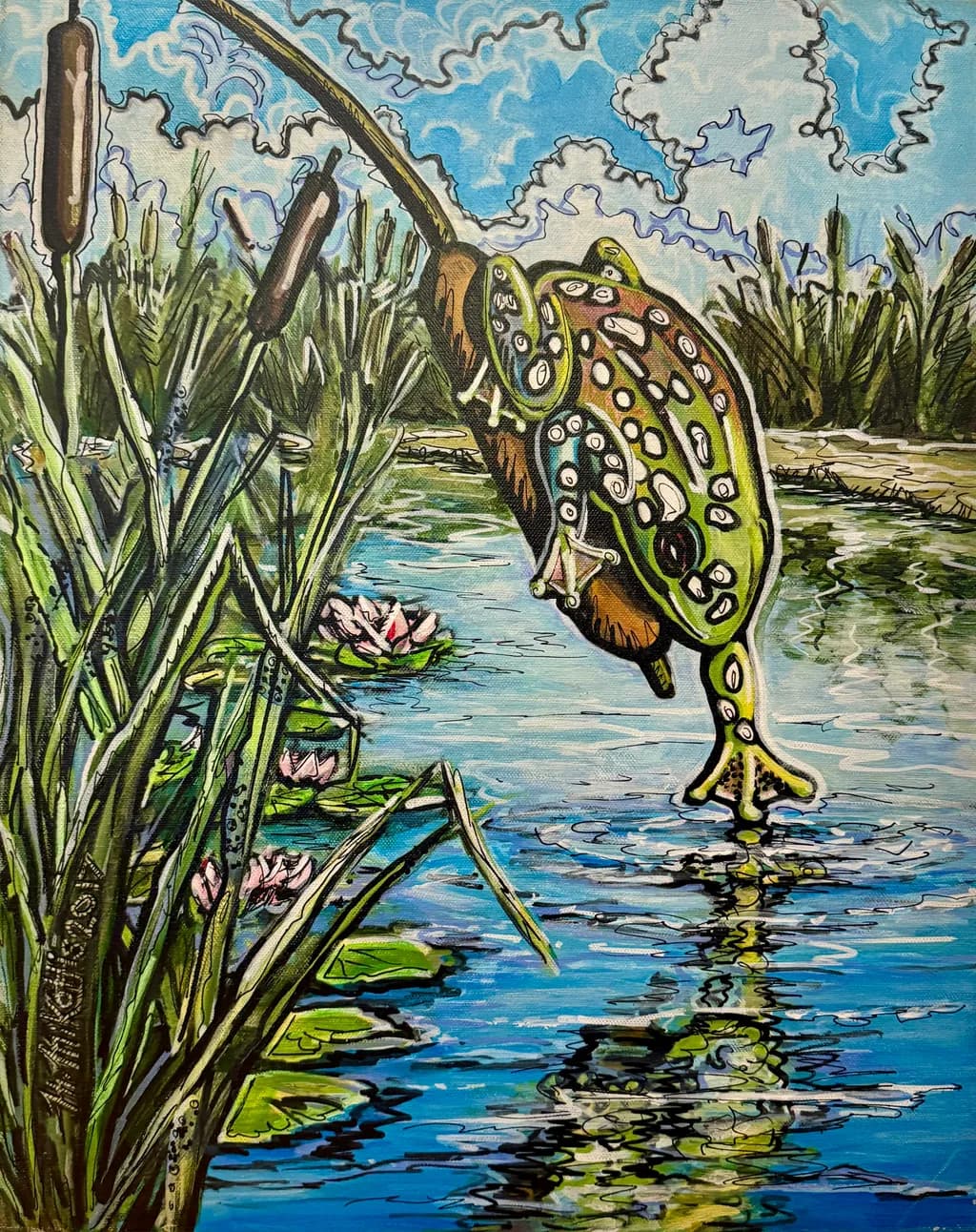 Lily Pad Leap: A Vibrant Frog's Dance in Nature's Reflection