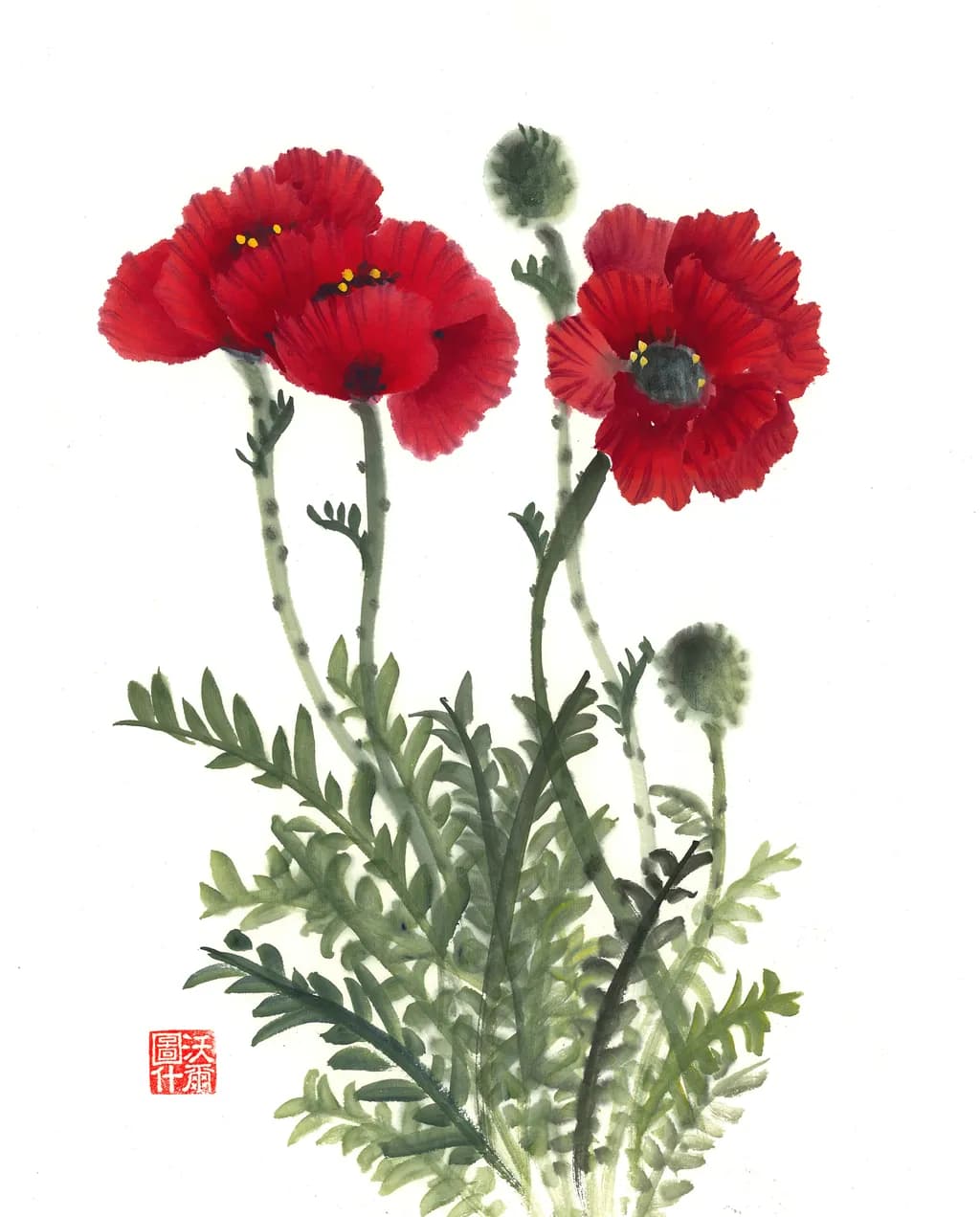 Vibrant Red Blossoms: A Watercolor Celebration of Nature's Beauty