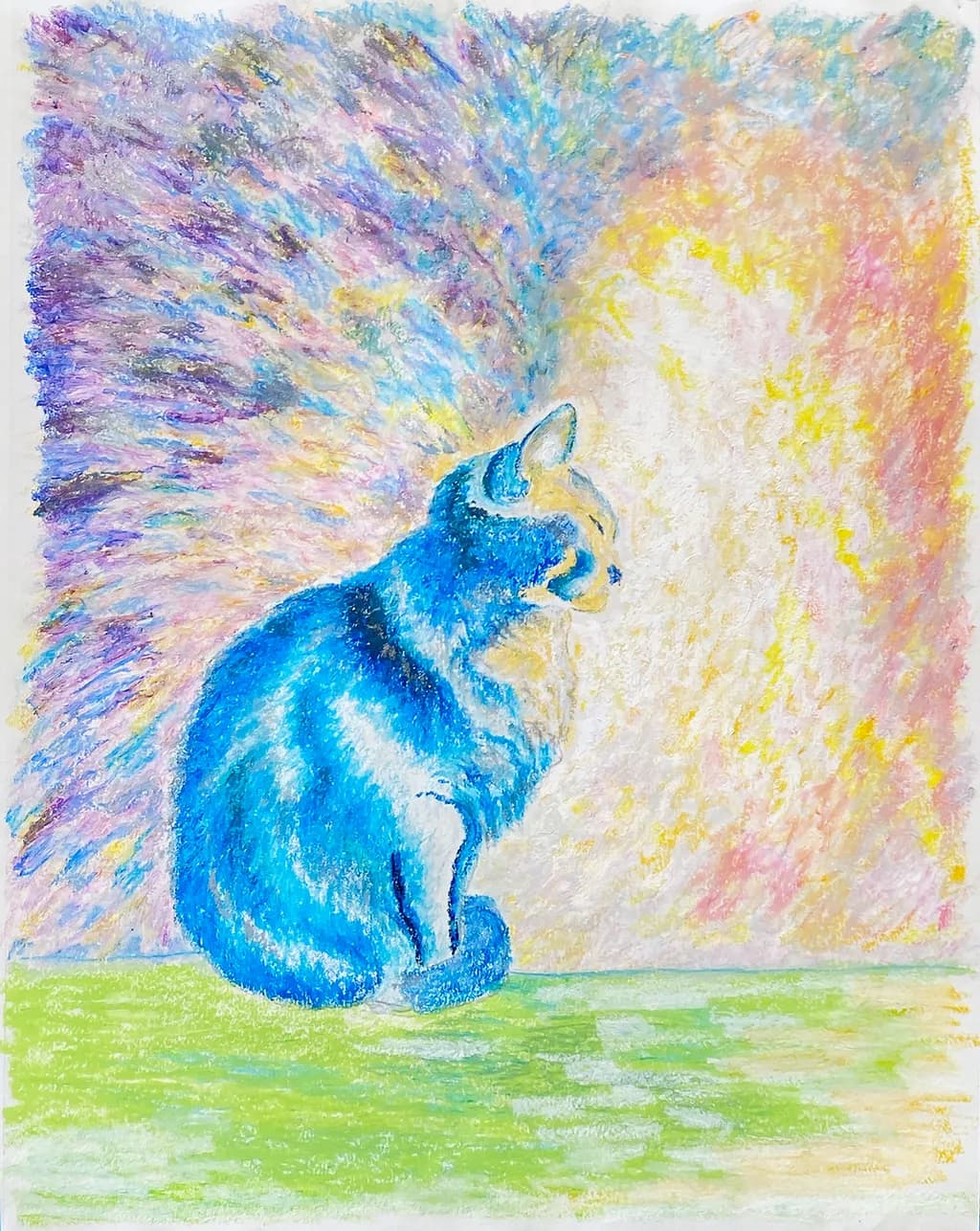 Whispers of Color: A Serene Blue Cat in a Dreamlike Landscape