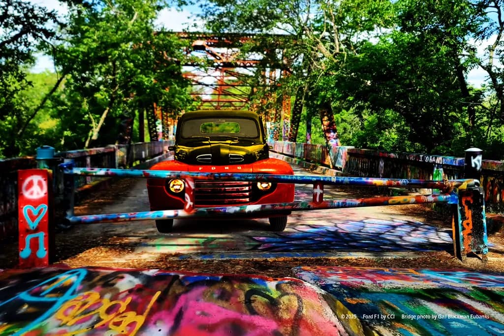 Vibrant Journey: A Colorful Vintage Automobile on a Graffiti-Laden Bridge