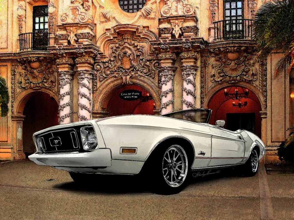 Classic Elegance: A Vintage Convertible Against Architectural Splendor
