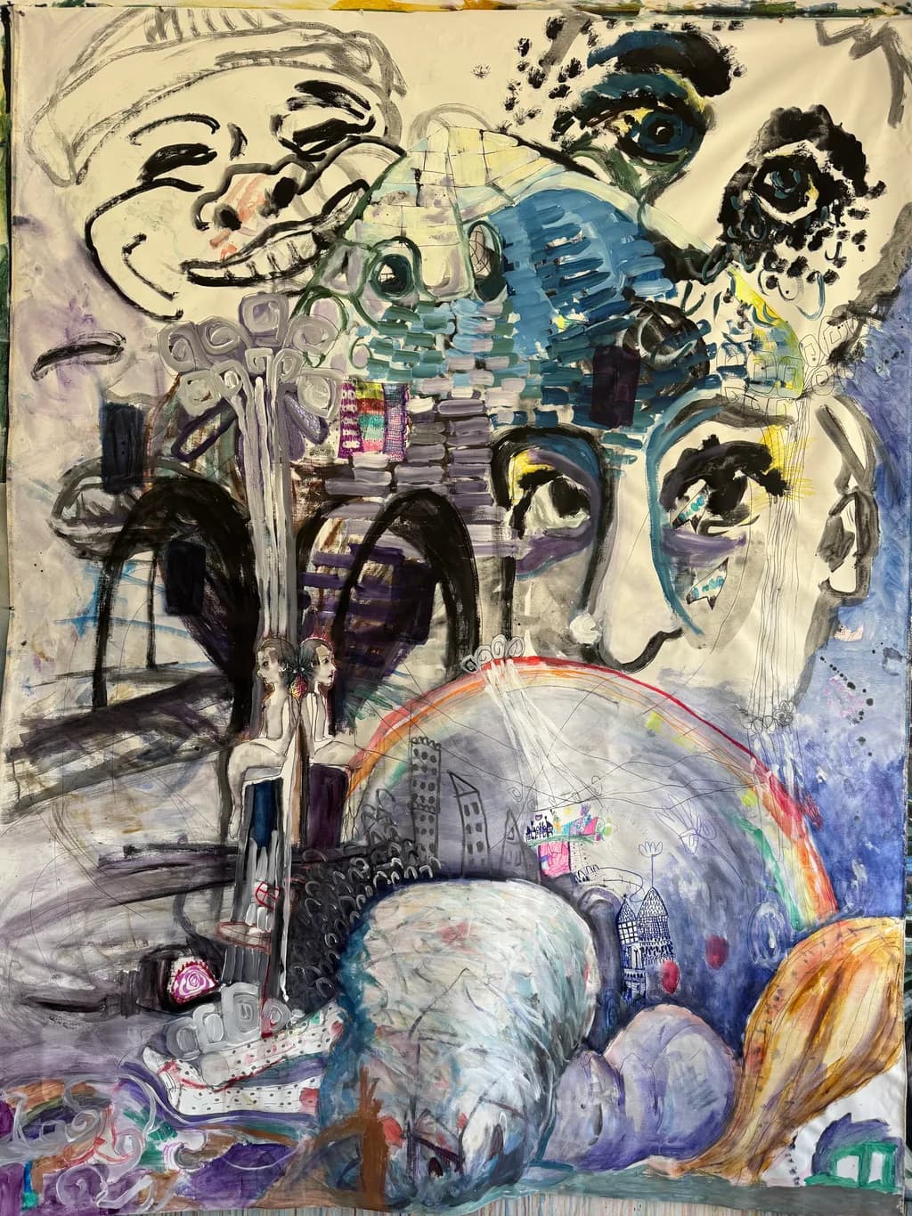 Whimsical Dreams: A Kaleidoscope of Faces and Fantasies in Colorful Chaos