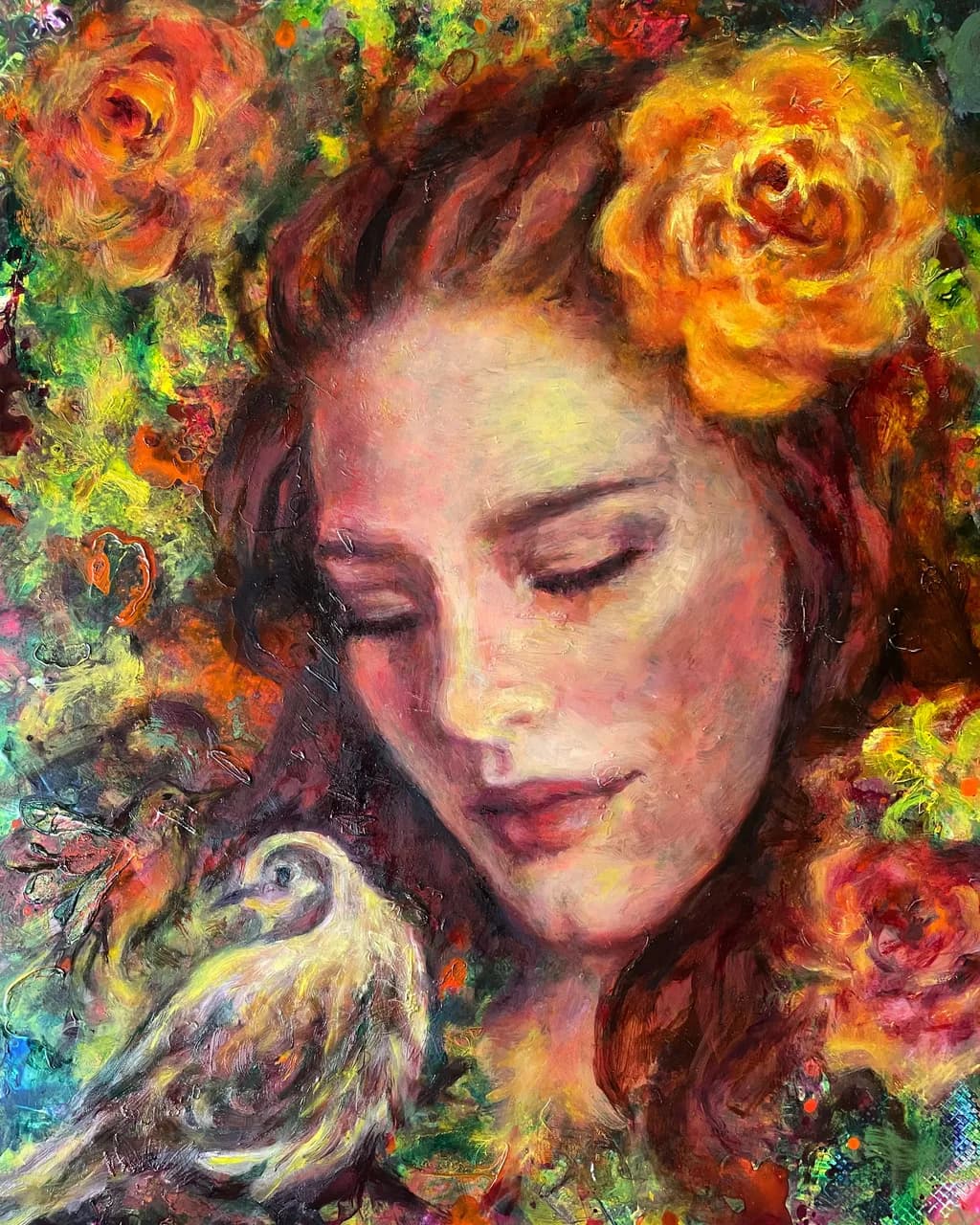 Whispers of Nature: A Serene Portrait of Beauty and Harmony with Roses and a Gentle Bird
