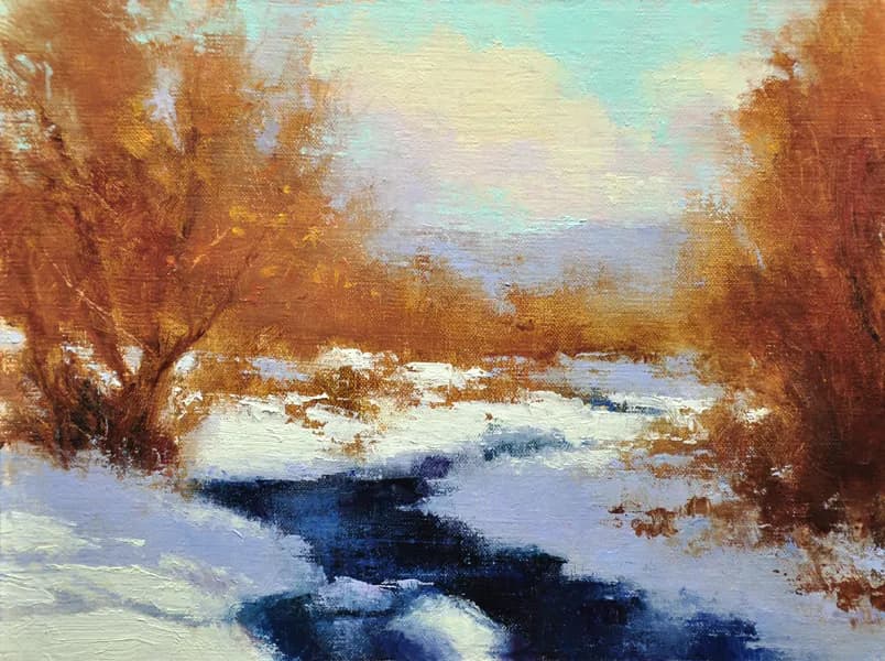 Whispers of Winter: A Serene Stream Amidst Golden Trees