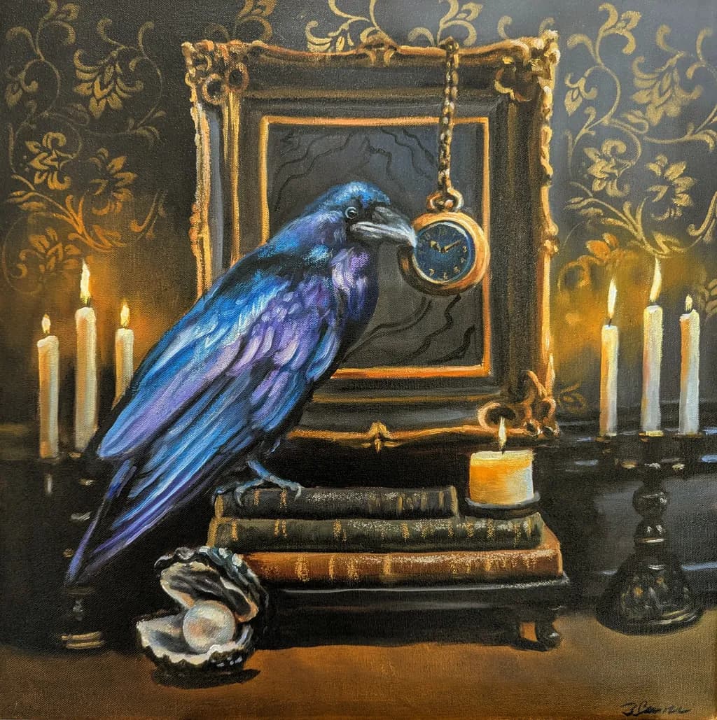 Whispers of Time: A Raven's Watch Amidst Candlelight and Shadows