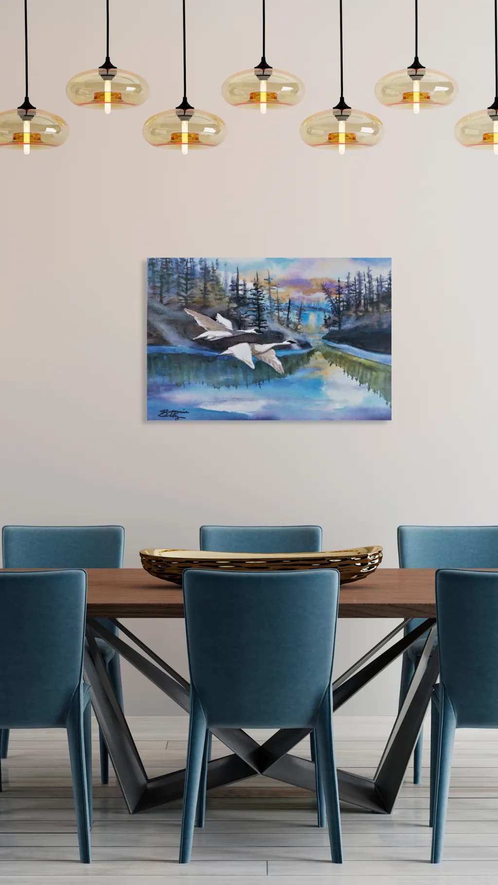Serenity in Flight: A Modern Landscape of Tranquil Waters and Soaring Birds