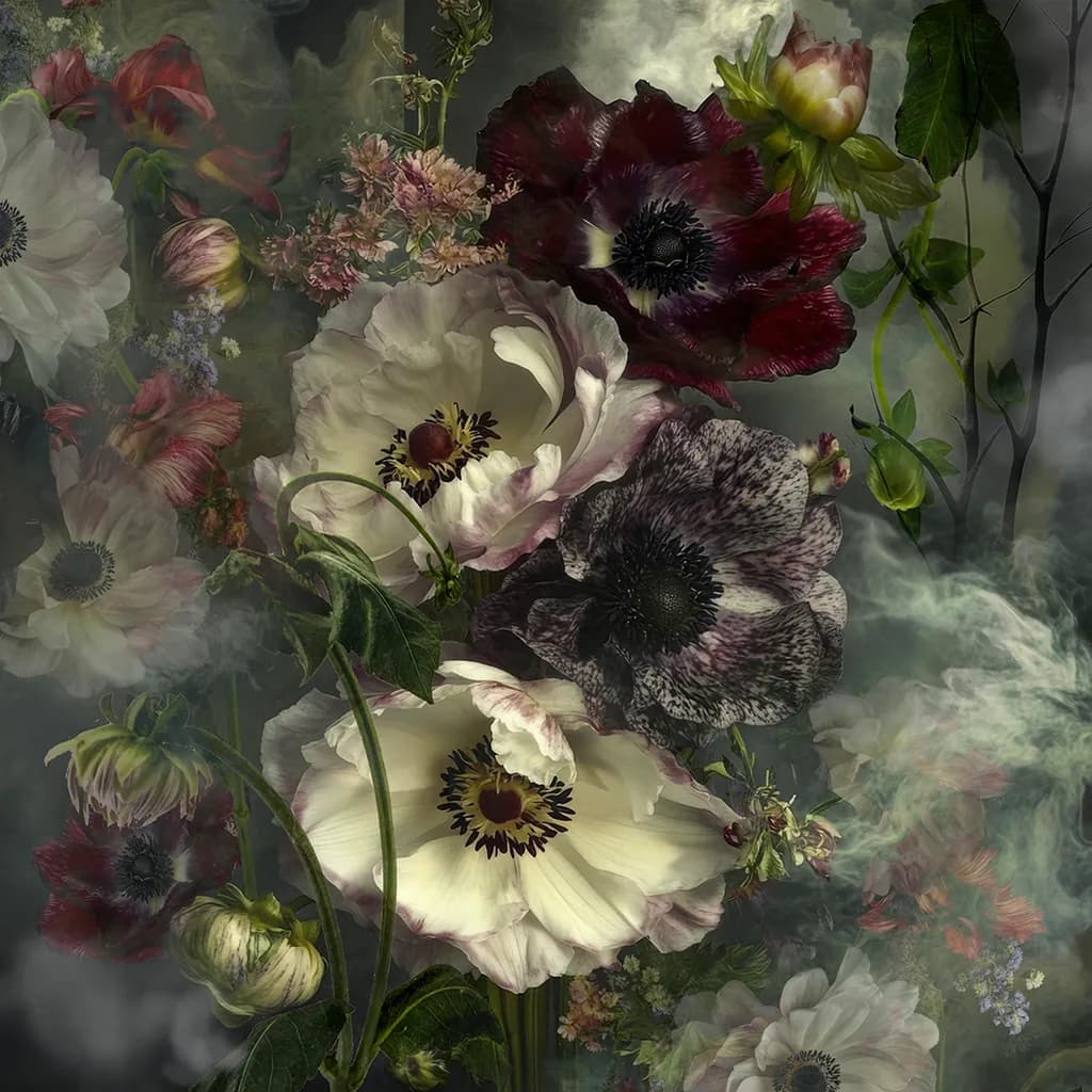Whispers of Bloom: A Mystical Floral Symphony in Smoke and Shadow