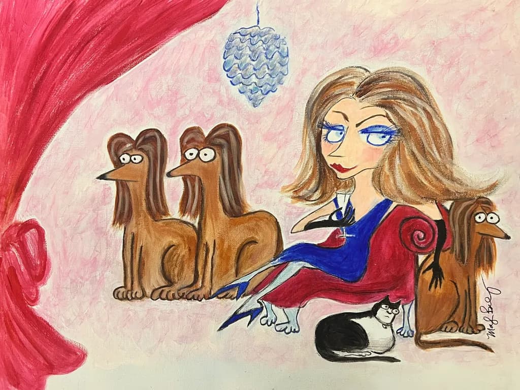 Woman on Red Chair with Dogs and Cat