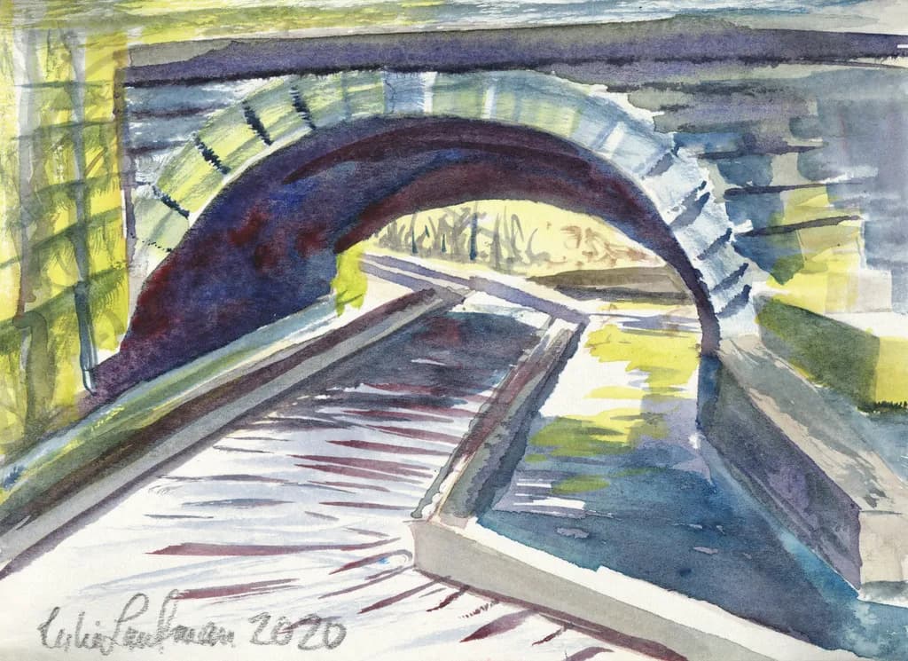 Whispers of Reflection: A Serene Watercolor Journey Through the Canal Bridge