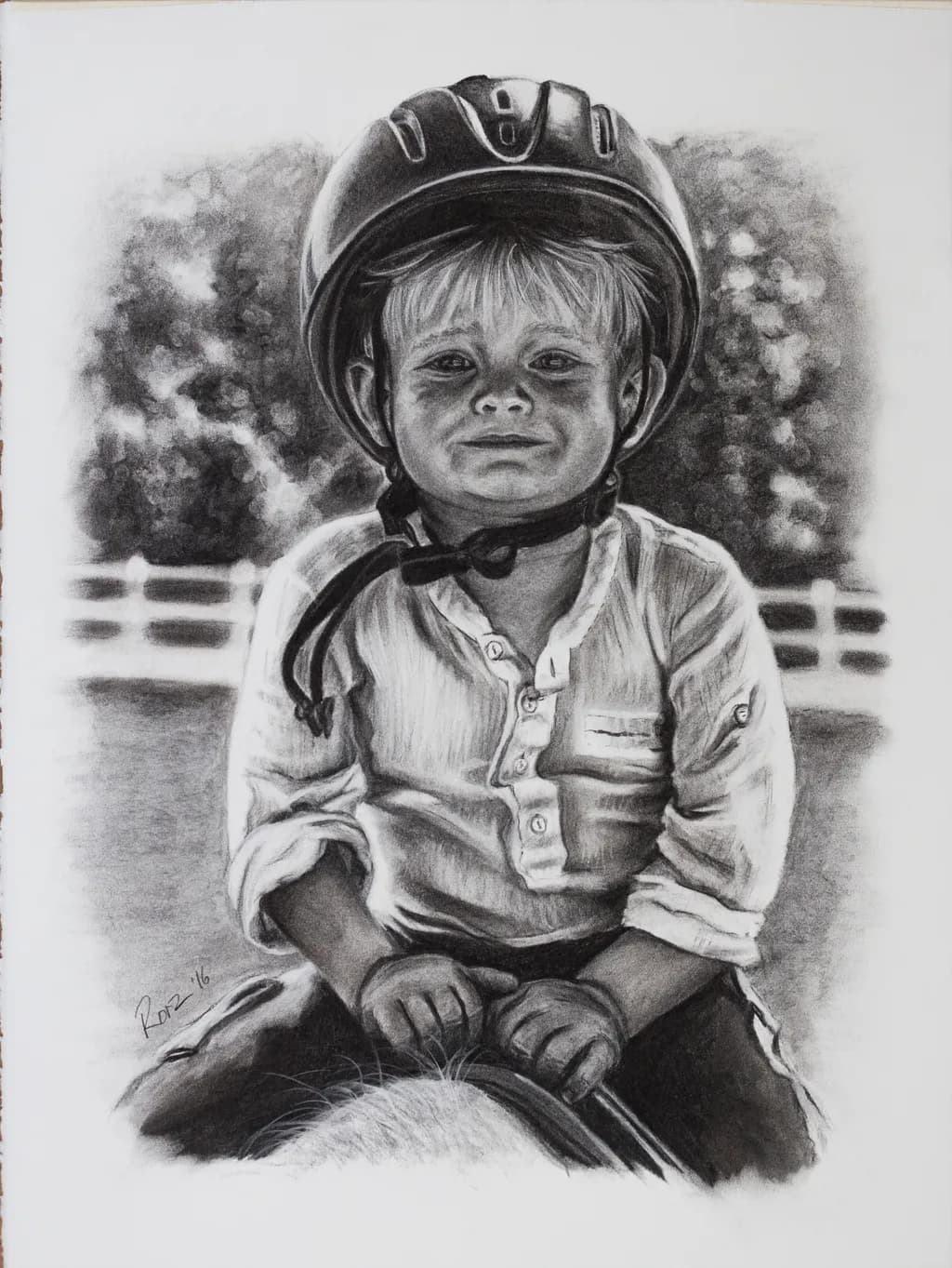 Joyful Rider: A Young Equestrian's Smile Captured in Charcoal Art