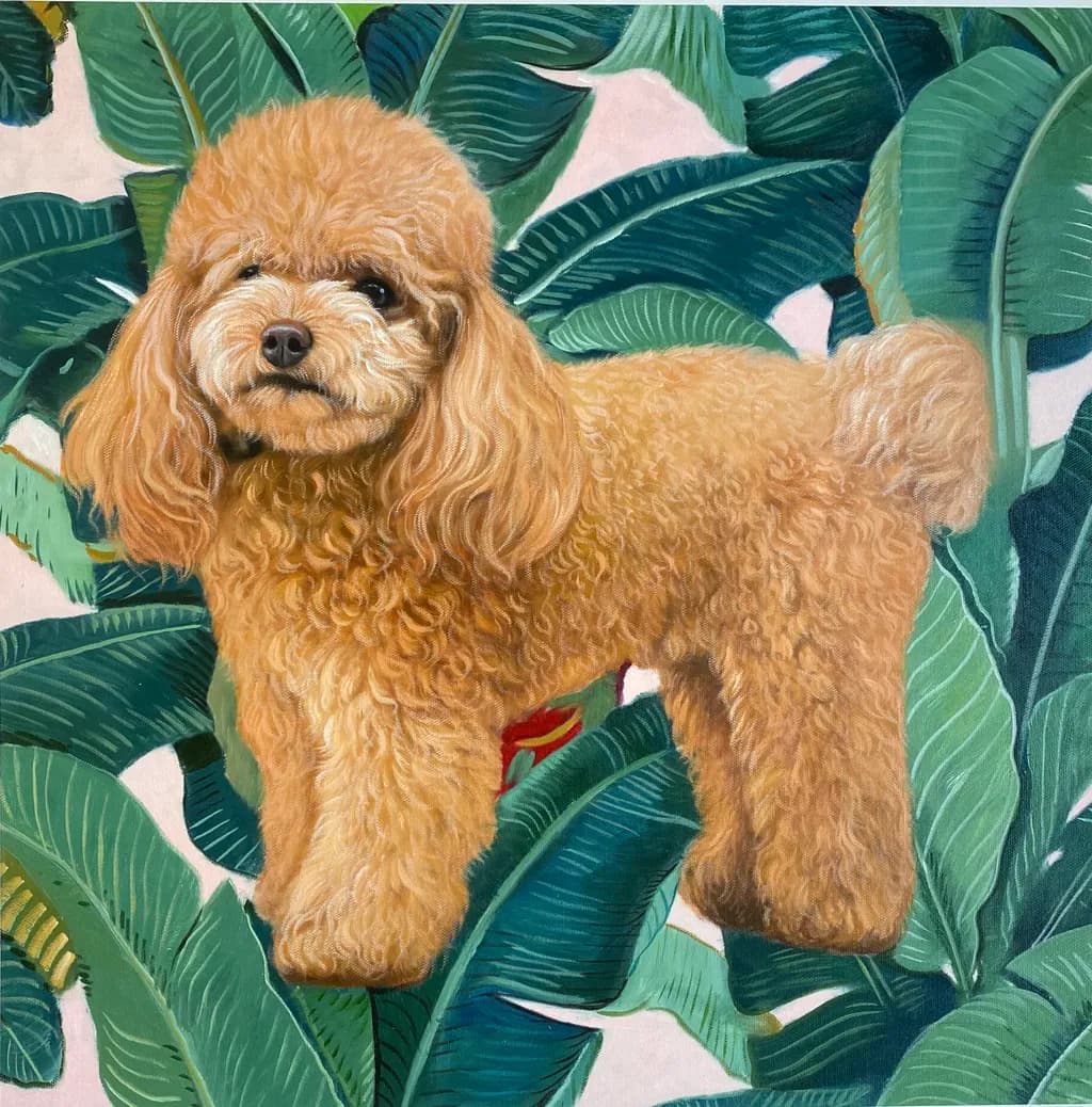 Whimsical Poodle Amidst Lush Greenery: A Vibrant Portrait of Canine Charm and Nature's Beauty