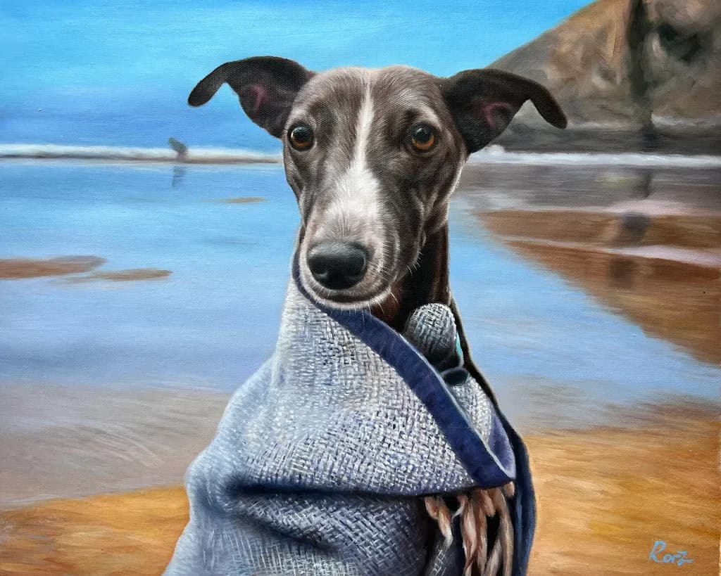 Coastal Canine Serenity: A Greyhound Wrapped in Tranquility