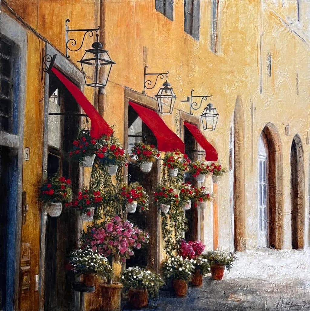 Charming Streets: A Floral Embrace in Sunlit Serenity