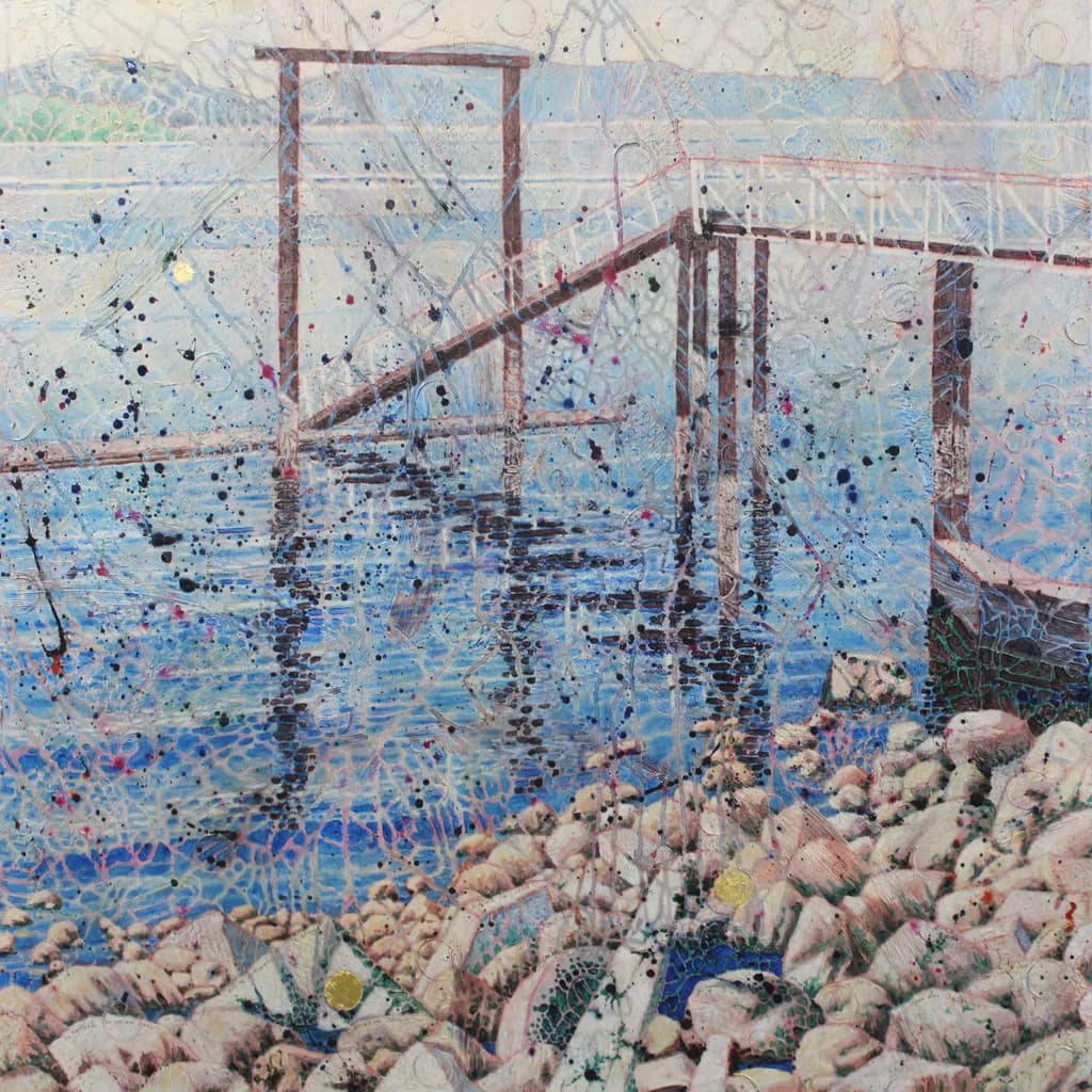 Whispers of Water: A Serene Dockside Reflection in Blues and Textures