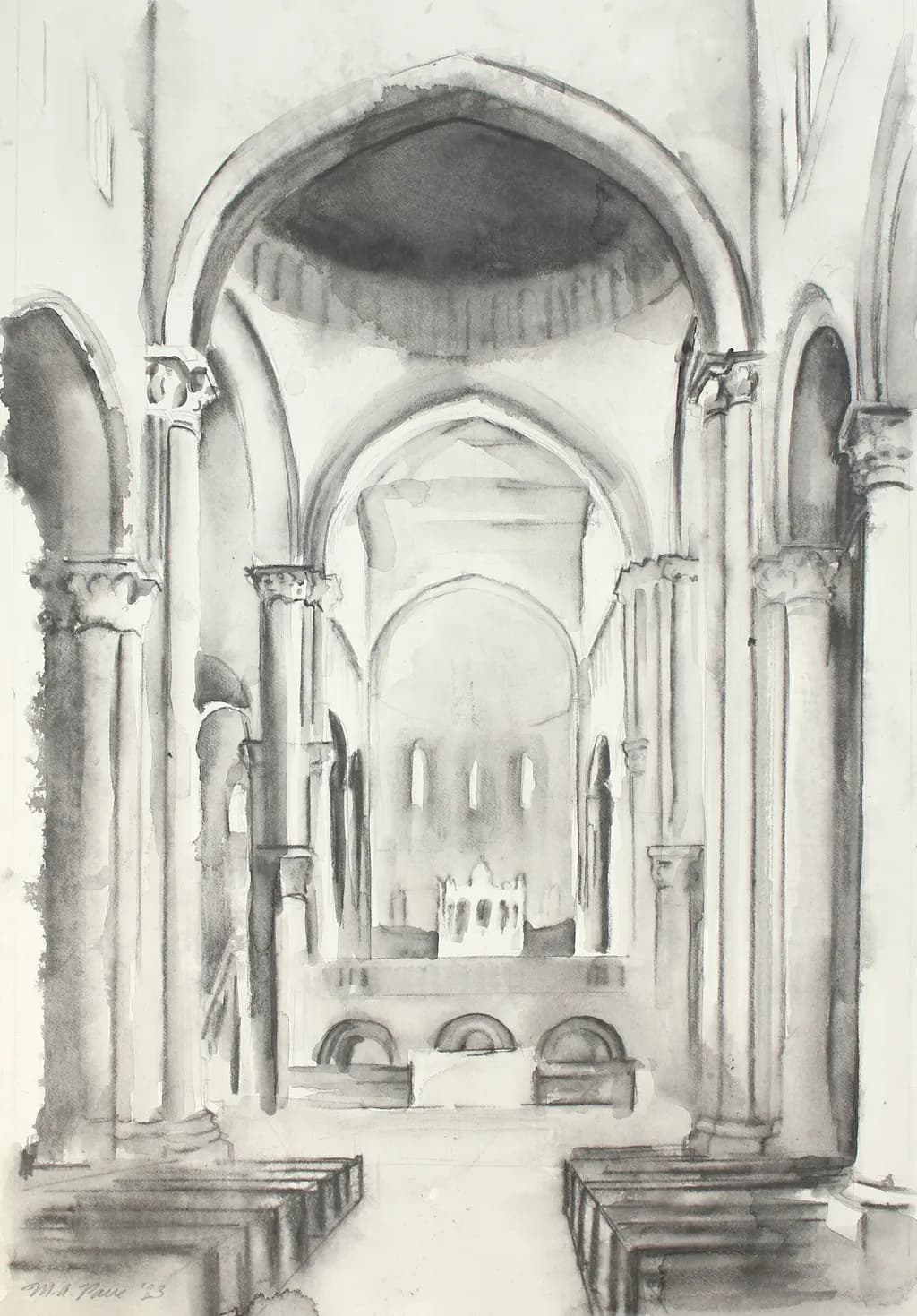 Ethereal Echoes: A Serene Journey Through Sacred Arches in Watercolor