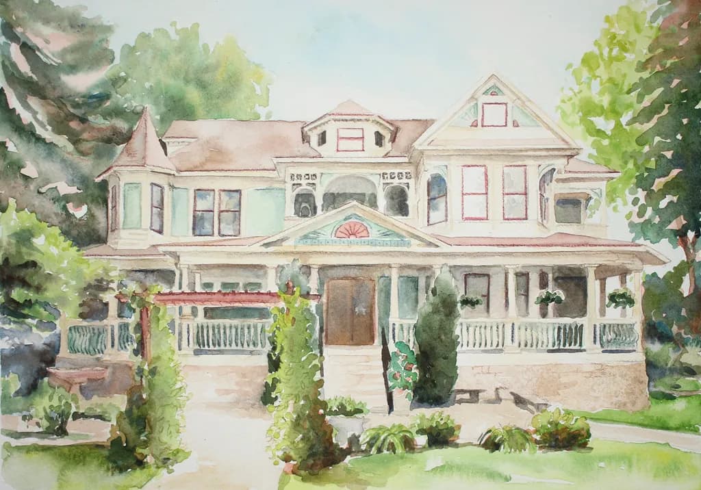 Victorian Serenity: A Watercolor Journey Through Architectural Grace and Greenery
