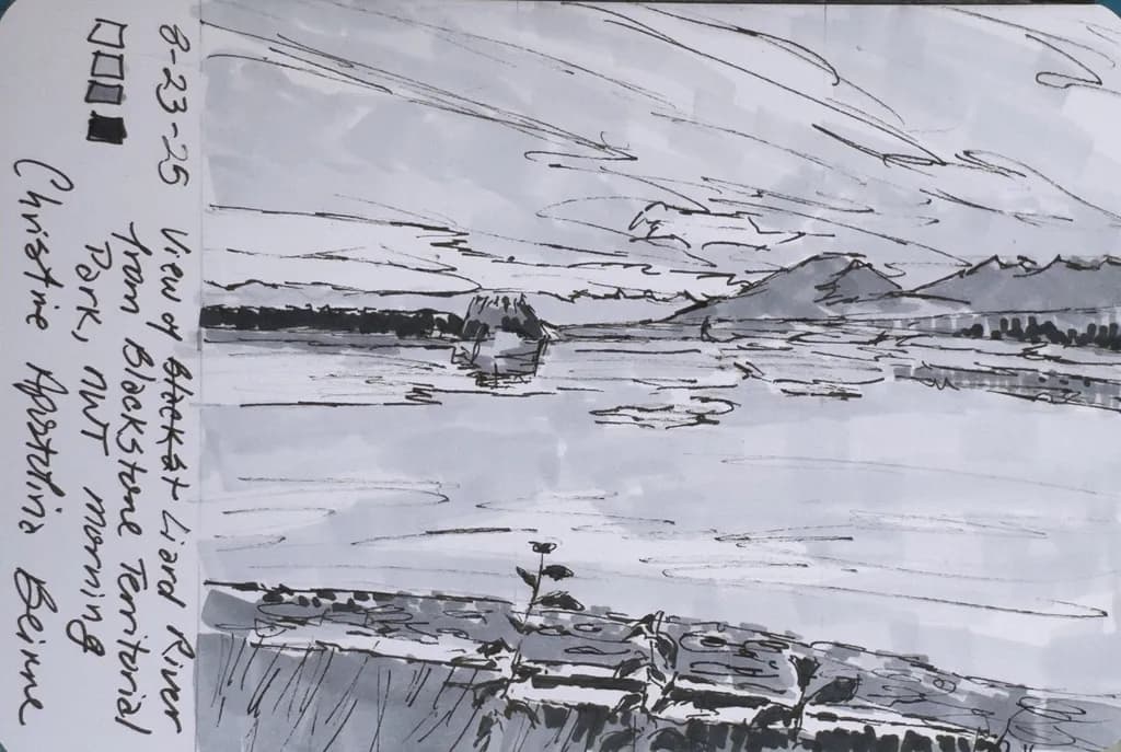Serene Reflections: A Black and White Sketch of the Backchat Lizard River at Dawn