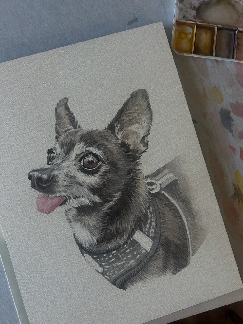 Whimsical Portrait of a Playful Pup: A Detailed Watercolor Study of a Charming Dog