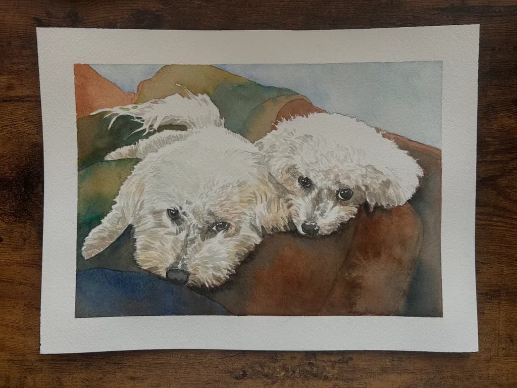Whispers of Comfort: A Watercolor Portrait of Two Adorable Pups