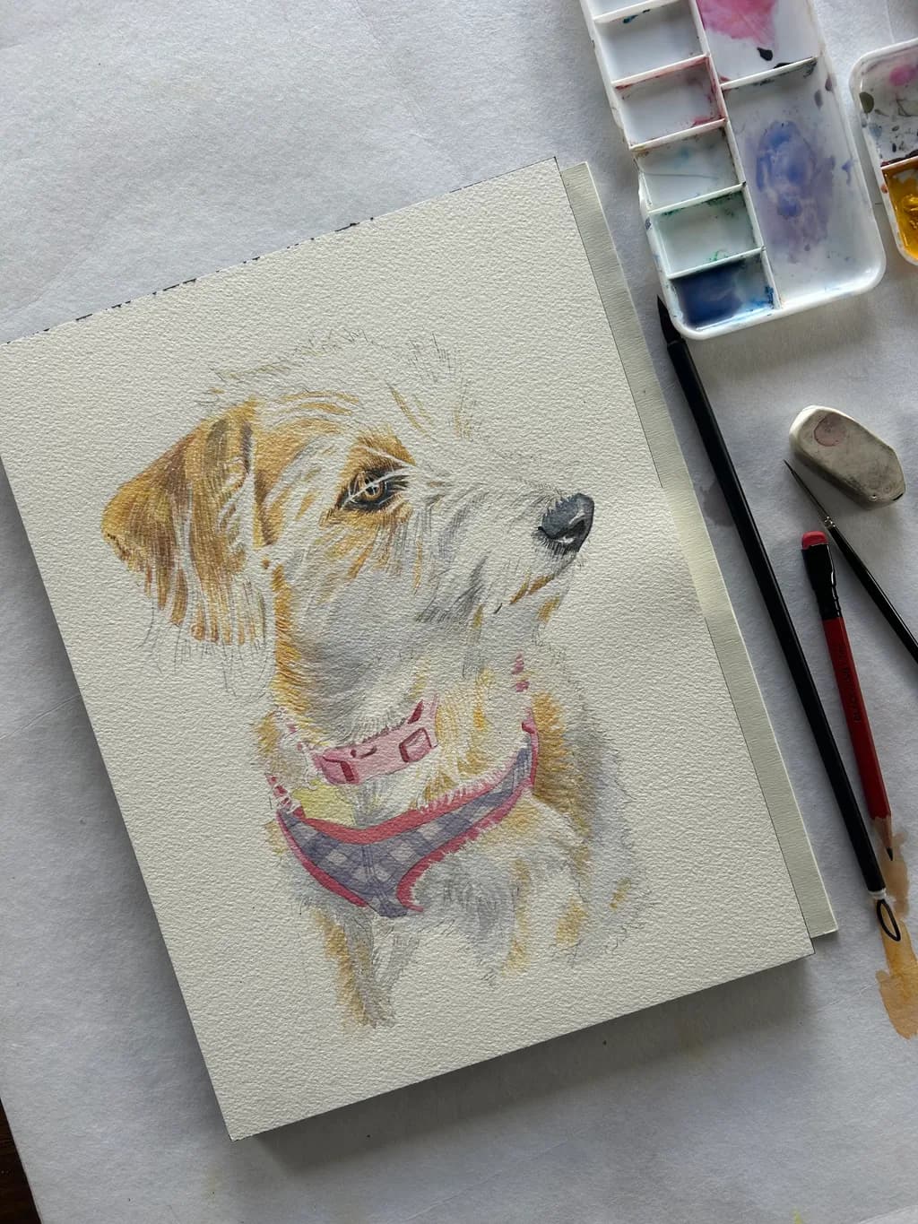 Whimsical Watercolor Portrait of a Playful Pup: A Heartfelt Tribute to Canine Companionship