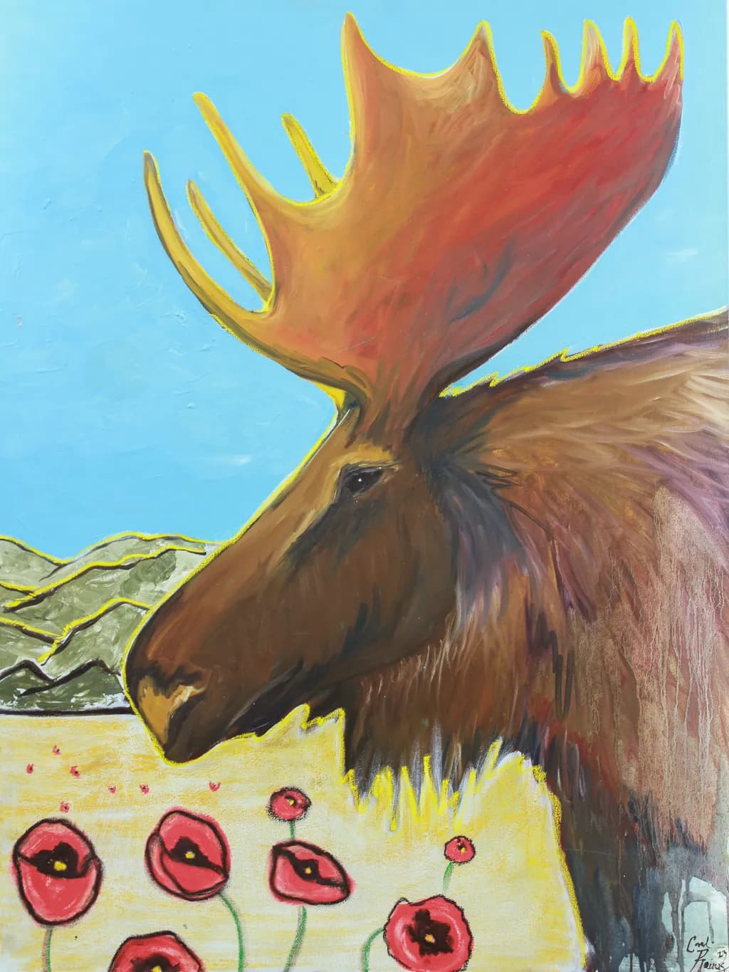 Majestic Moose Amidst Vibrant Poppies: A Poetic Landscape of Nature's Beauty