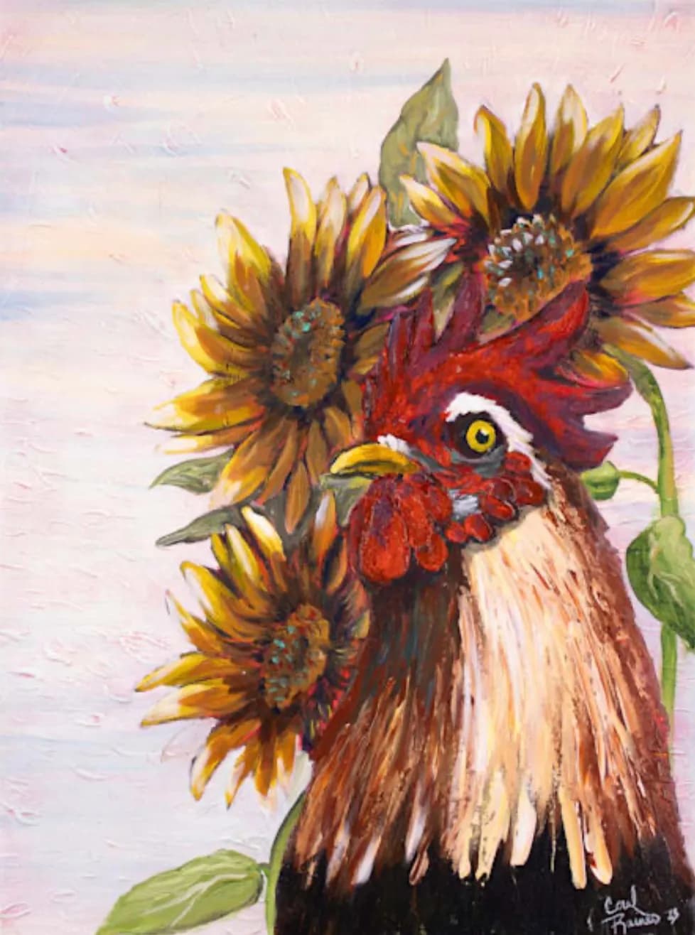 Whispers of Sunflowers: A Rooster's Serenade in Color