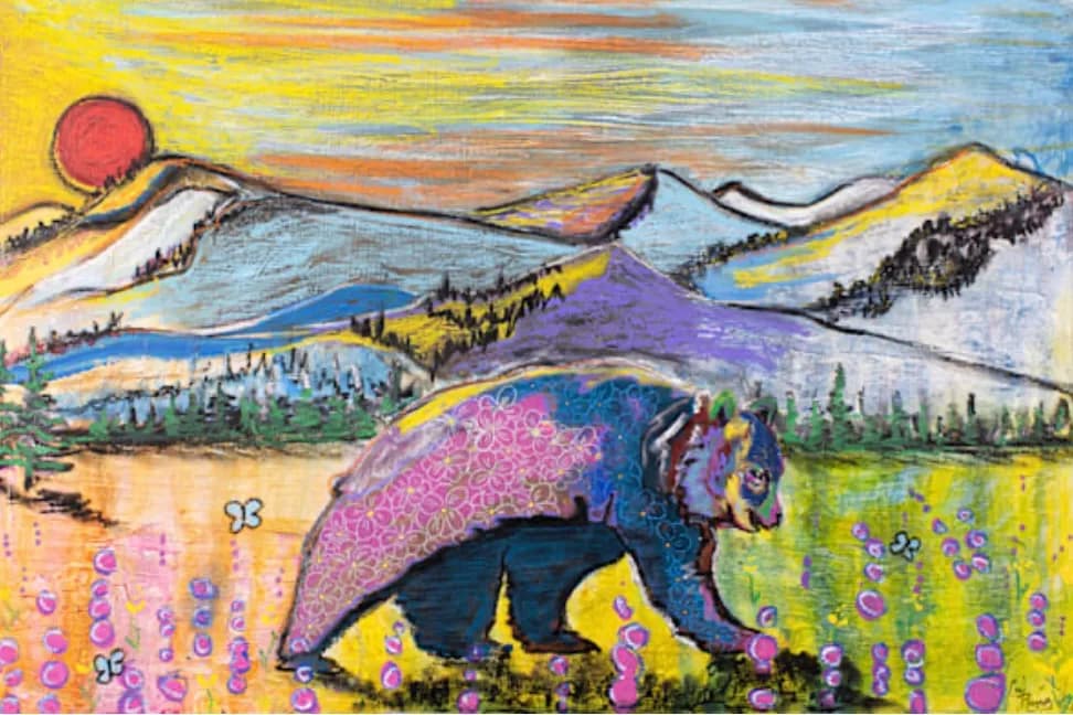 Whispers of Nature: A Colorful Bear Amidst Vibrant Landscapes