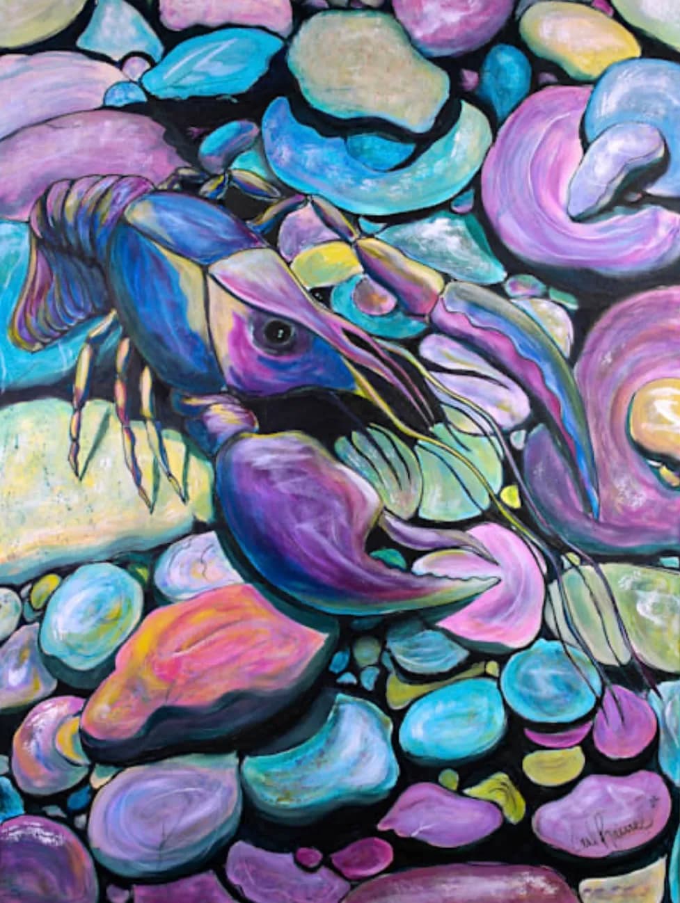 Whispers of the Deep: A Colorful Lobster Amidst Dreamy Stones
