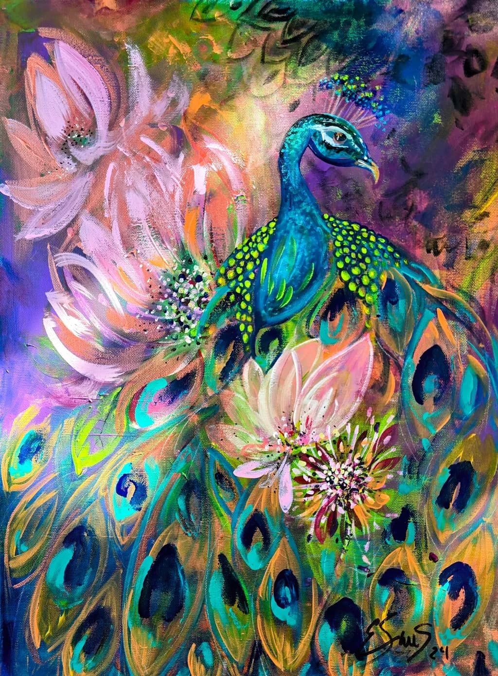 Vibrant Elegance: A Peacock Amidst Blossoms in a Kaleidoscope of Color