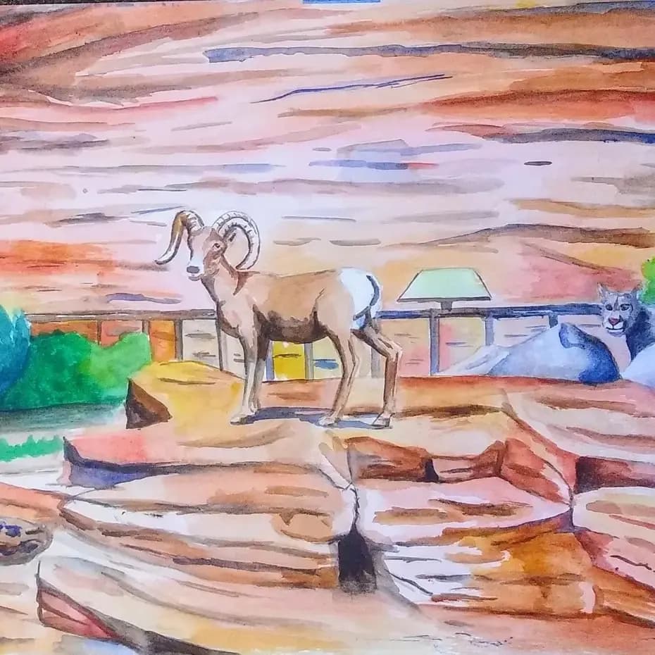 Majestic Ram at Sunset: A Serene Desert Landscape in Watercolor