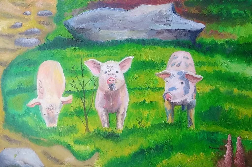 Whimsical Pastures: A Trio of Pigs in Lush Green Serenity
