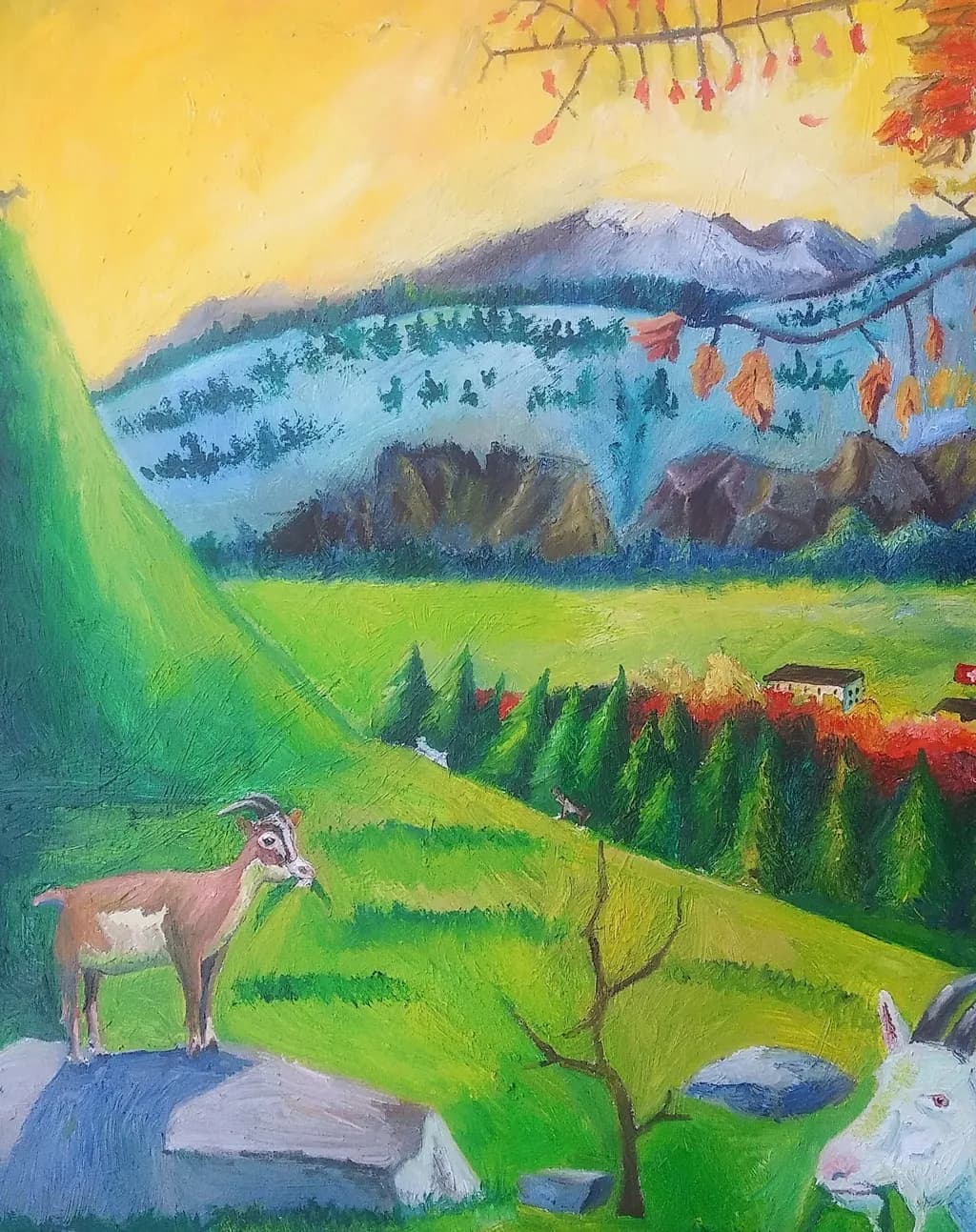 Whispers of the Meadow: A Serene Landscape with Grazing Goats and Majestic Mountains