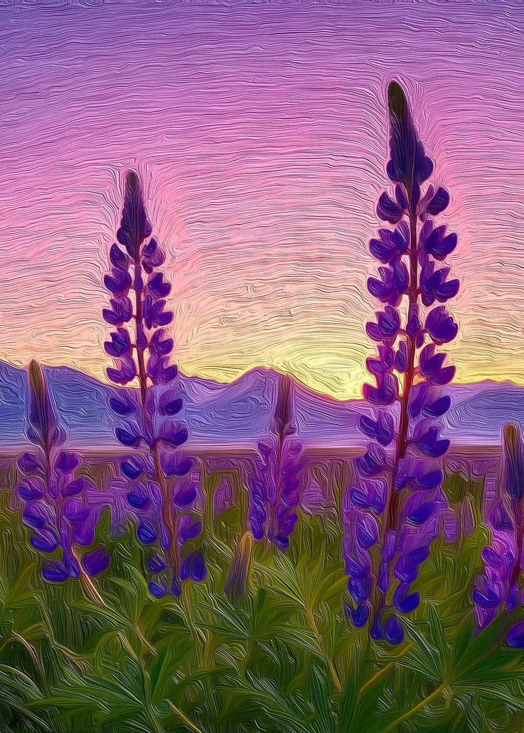 Vibrant Sunset Serenade: A Playful Dance of Purple Blooms and Nature's Palette