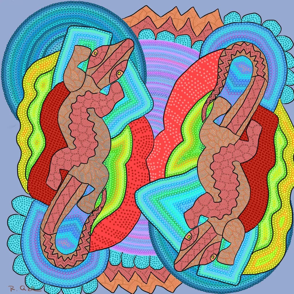 Vibrant Harmony: A Dance of Colorful Geckos in Abstract Landscapes