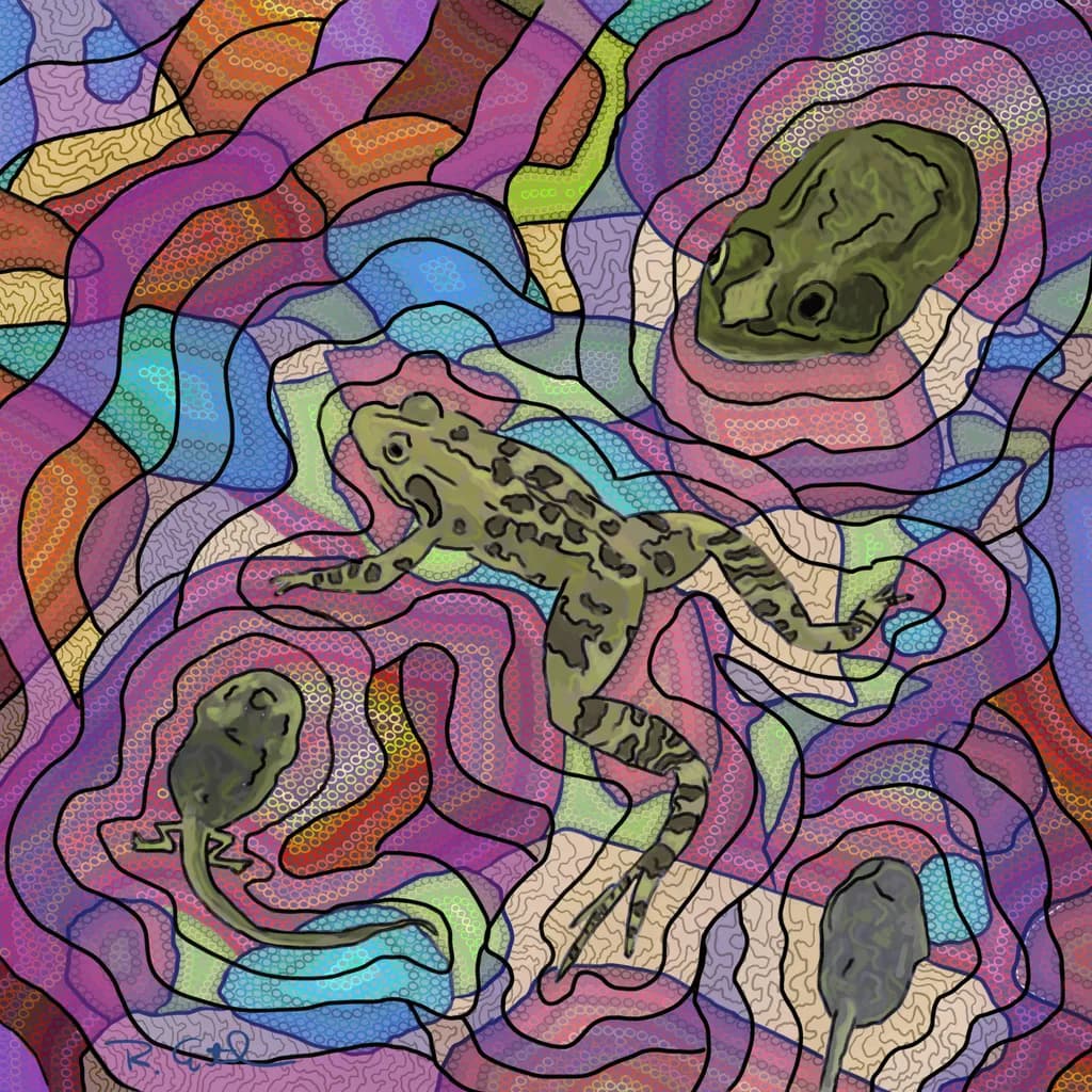Whimsical Frogs in a Colorful Dreamscape: A Vibrant Exploration of Nature's Transformation