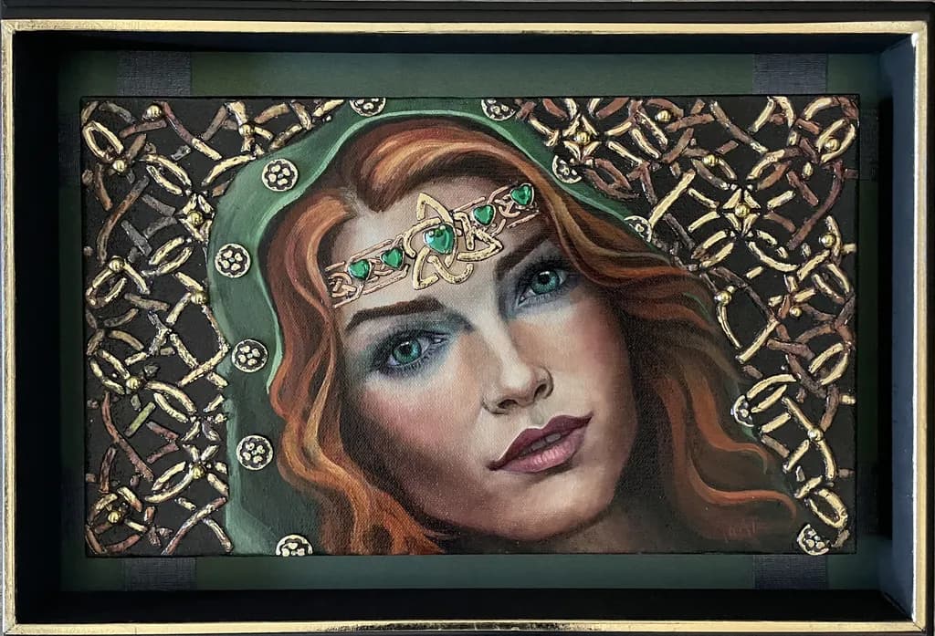 Whispers of Elegance: A Mystical Portrait Adorned in Golden Threads and Emerald Dreams