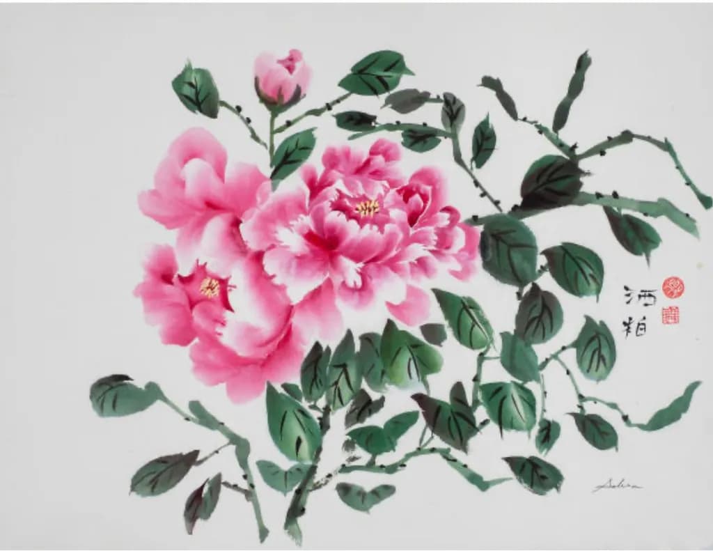 Whispers of Spring: A Dance of Peonies and Leaves in Chinese Brush Painting
