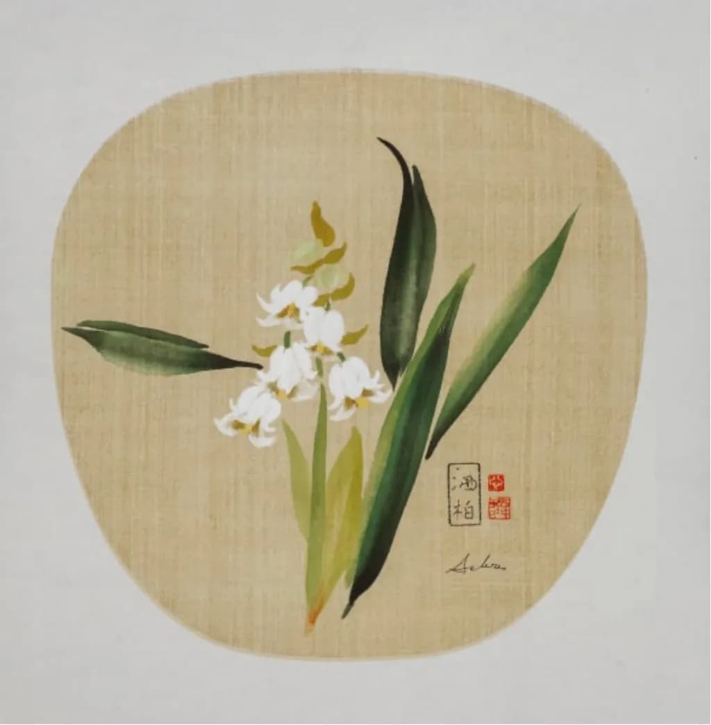Whispers of Nature: A Delicate Dance of Orchids and Leaves in Chinese Brush Painting