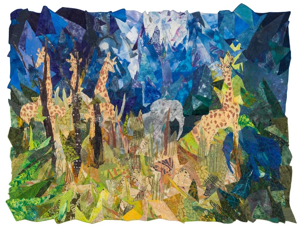 "whispers of the wild: a vibrant collage of giraffes and elephants in nature's embrace"
