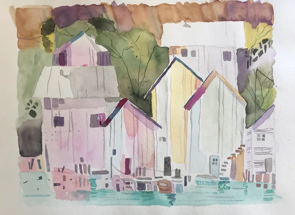 Whispers of Color: Tranquil Waterside Abodes in Watercolor Elegance