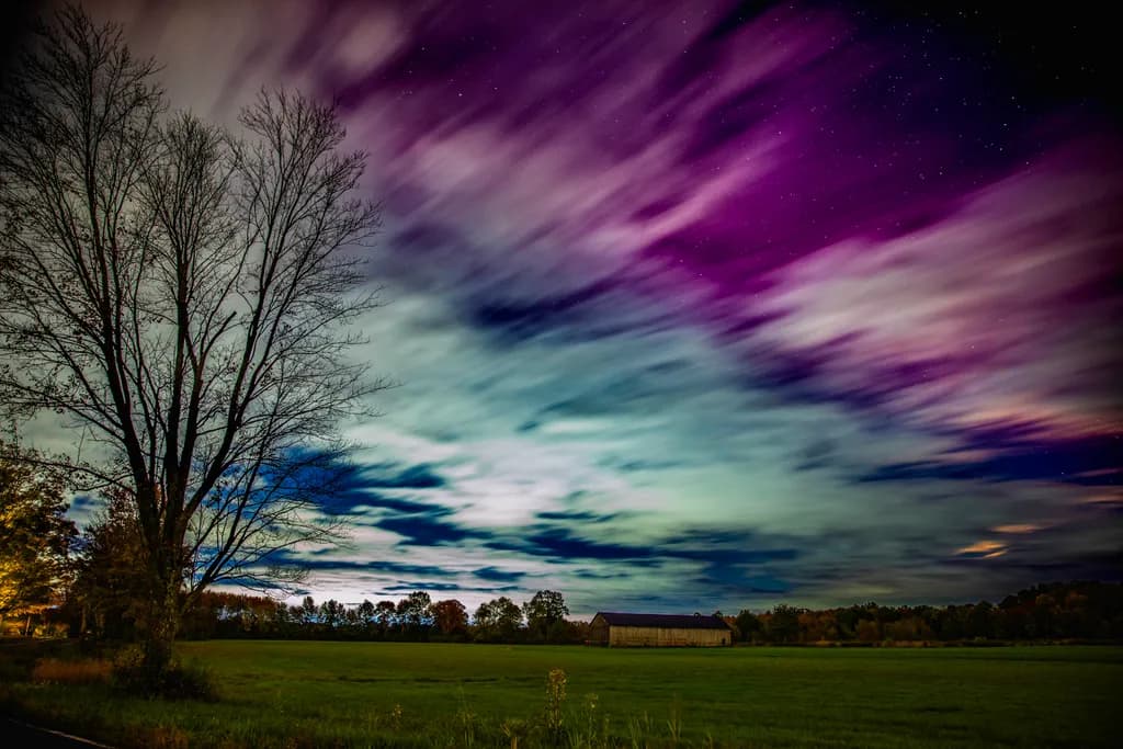 Whispers of the Night Sky: A Mystical Dance of Colors and Clouds Beneath the Tree of Life
