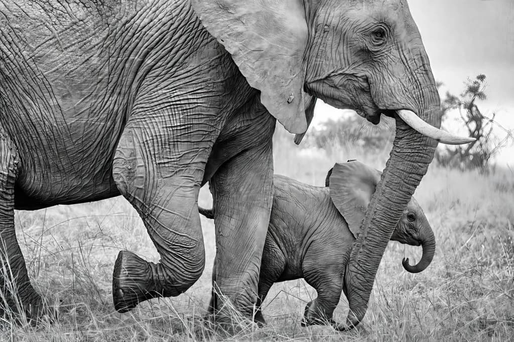 Majestic Bonds: A Mother and Calf Elephant in Motion
