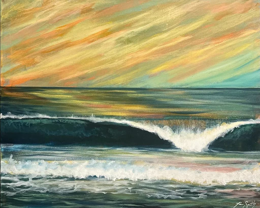 Serene Sunset Waves: A Tranquil Ocean Landscape in Vibrant Colors