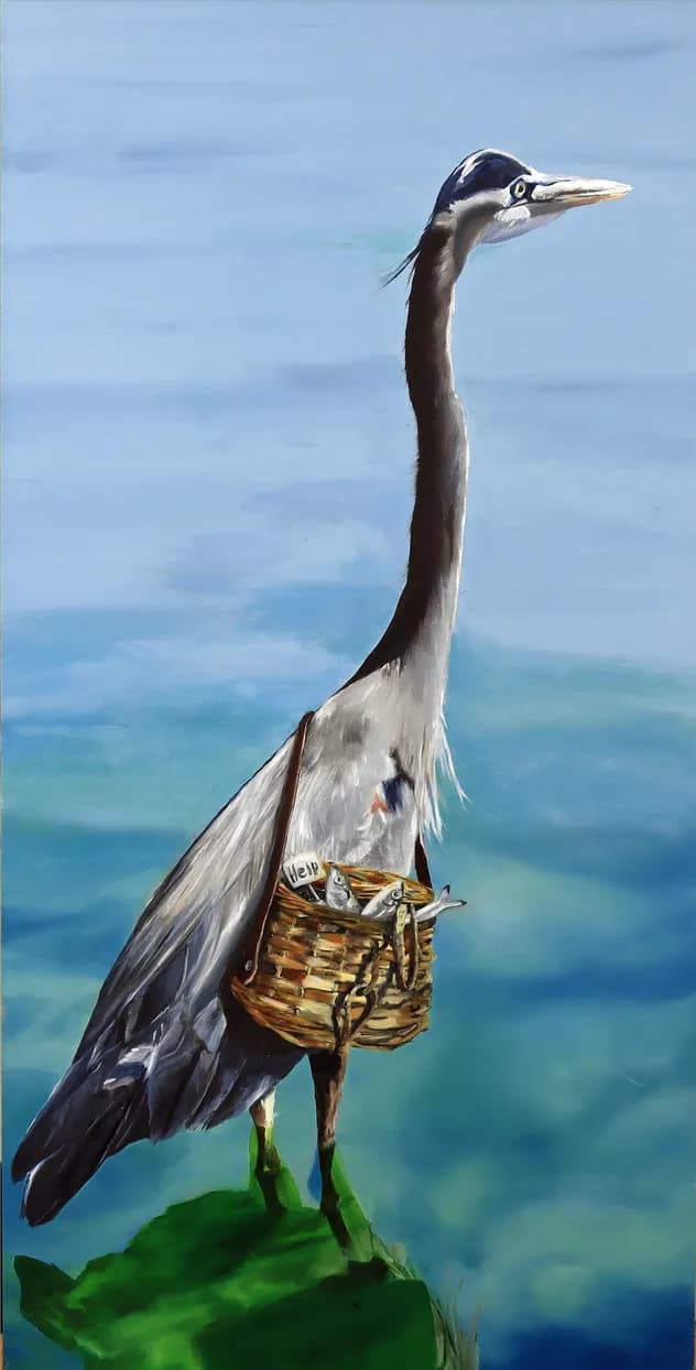 Whimsical Heron: A Feathered Guardian with a Basket of Fish