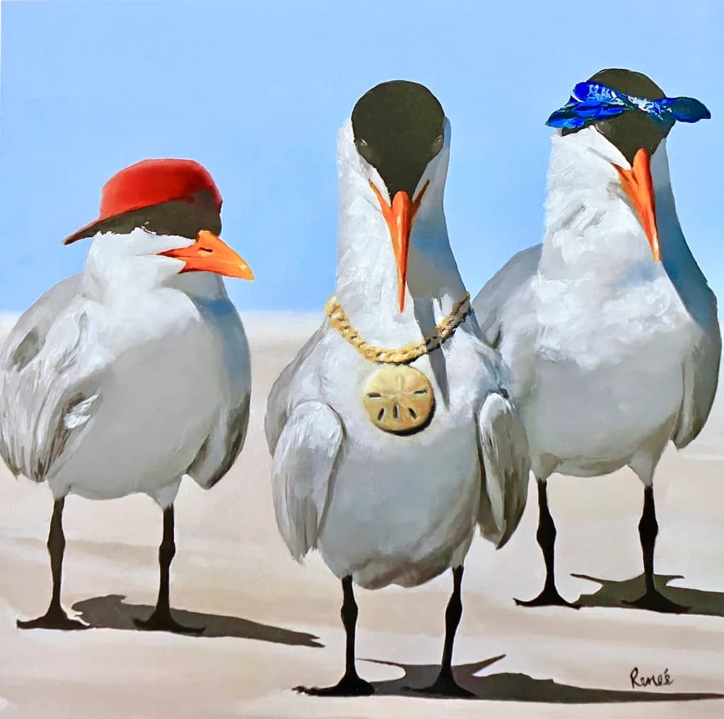 Beachside Bird Gang: A Playful Portrait of Fashionable Seabirds in Hats and Accessories